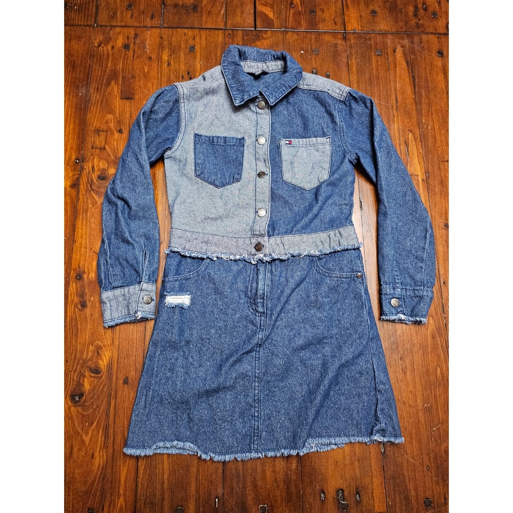 Tommy Hilfiger Girls Blue Two Tone Denim Dress Distressed Frayed Hem Size M 8/10